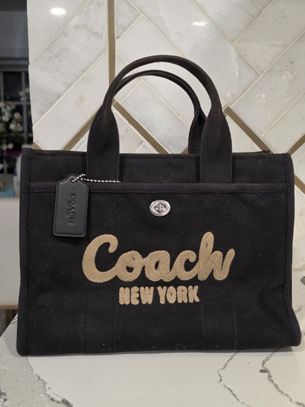 Coach Black Canvas Tote Bag With Gold Logo Spacious Interior Snap Closure Faded - Picture 8 of 8